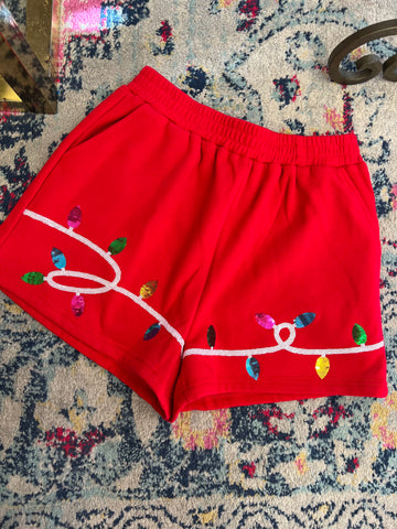 Red Sequin Christmas Lights Fleece Shorts