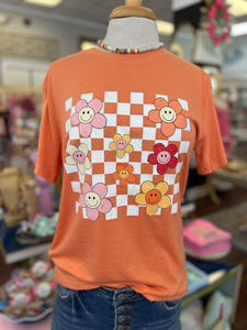 Checkered Happy Flower Graphic Tee