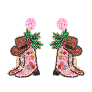 Christmas Cowboy Boots Earrings - Pink