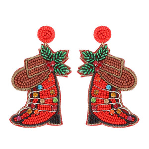 Christmas Cowboy Boot Earrings - Red