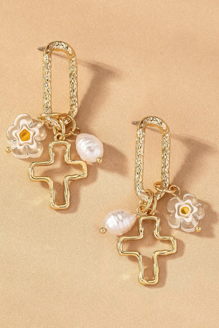 Cross And Flower Charm Earrings