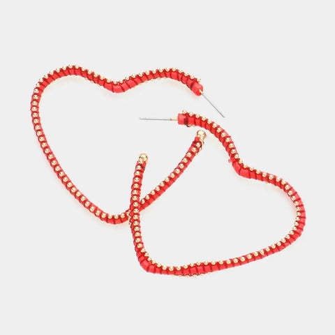 Gold Ball Heart Earrings - Red