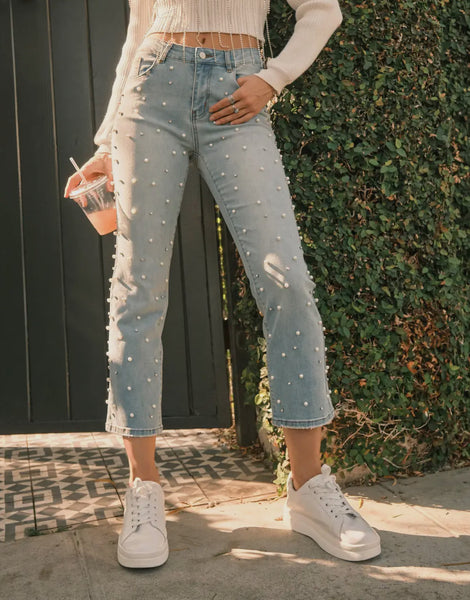 Mid rise Pearl & Rhinestone Denim Jeans