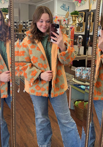 Orange Floral Sage Sherpa Jacket