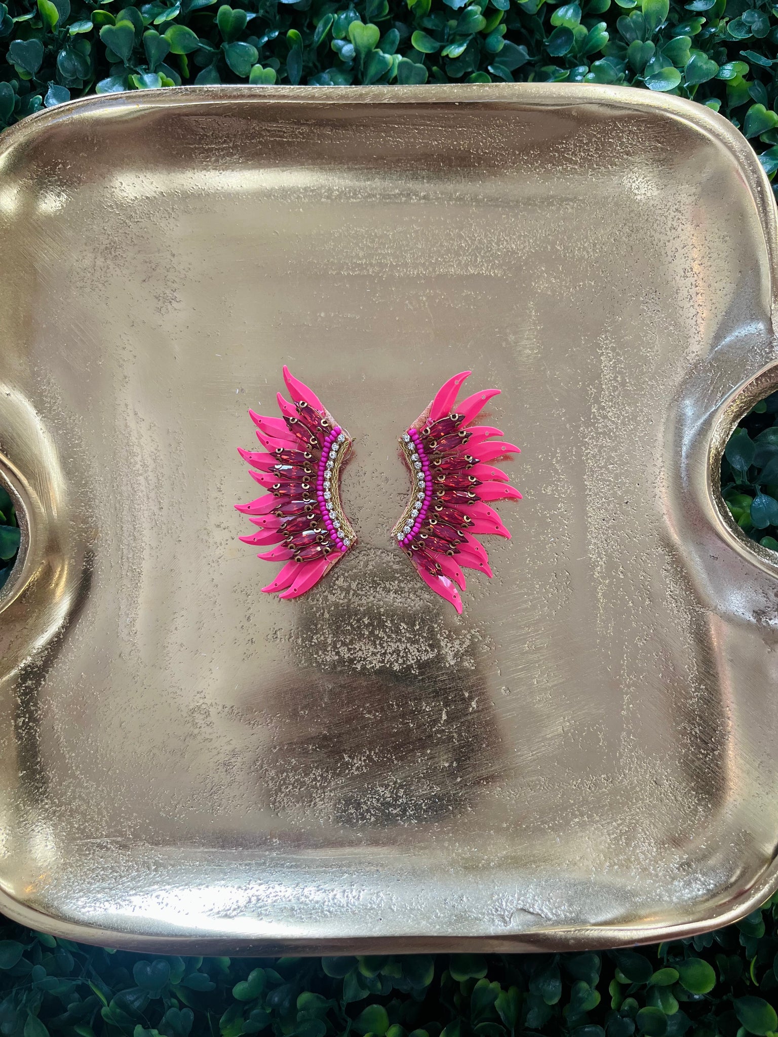 Beaded Large Wing Earrings - Hot Pink