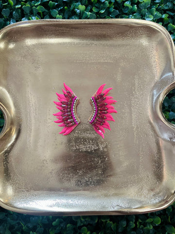 Beaded Large Wing Earrings - Hot Pink