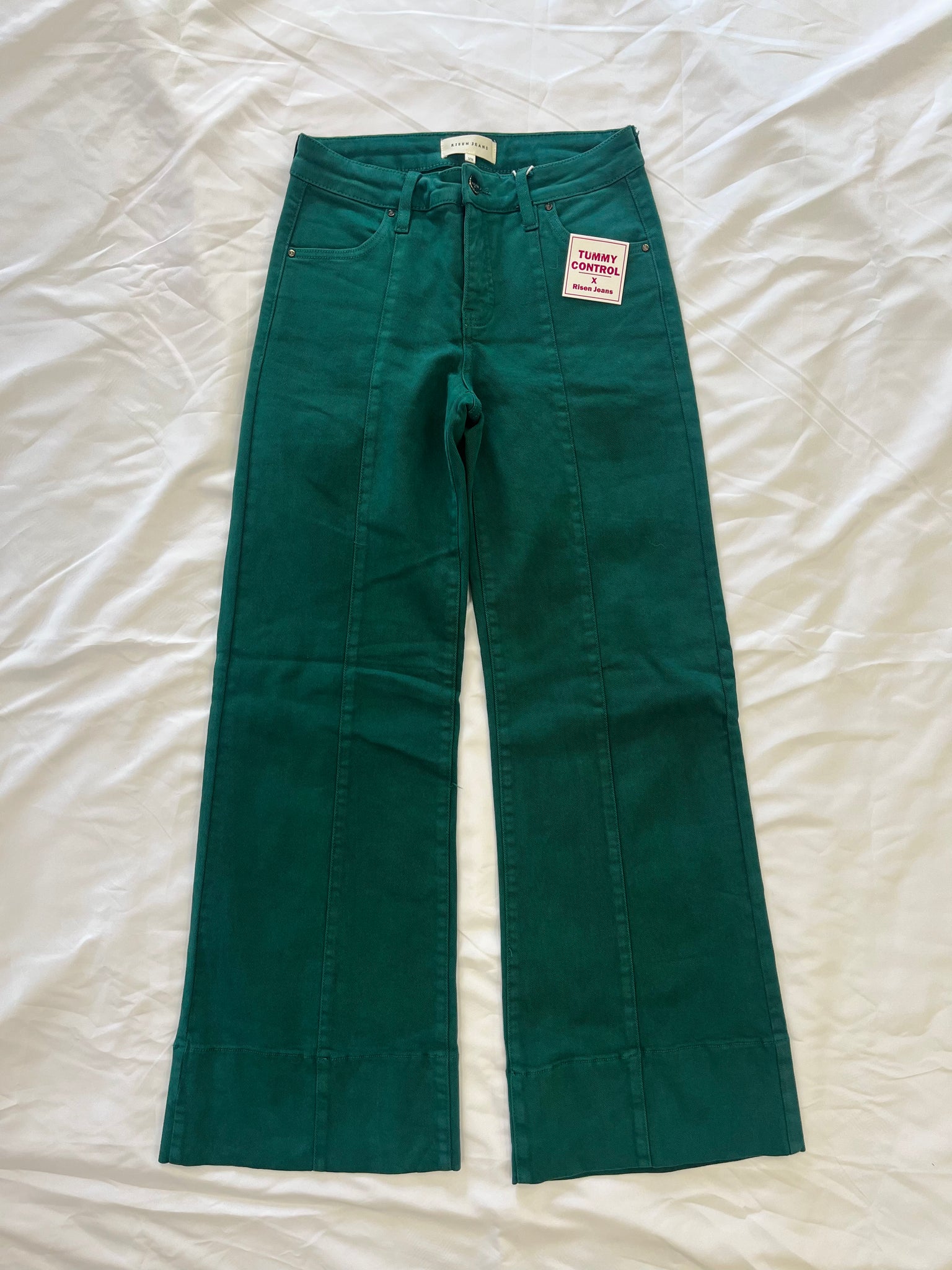 Risen Mid Rise Wide Leg Hem Dark Green Jeans