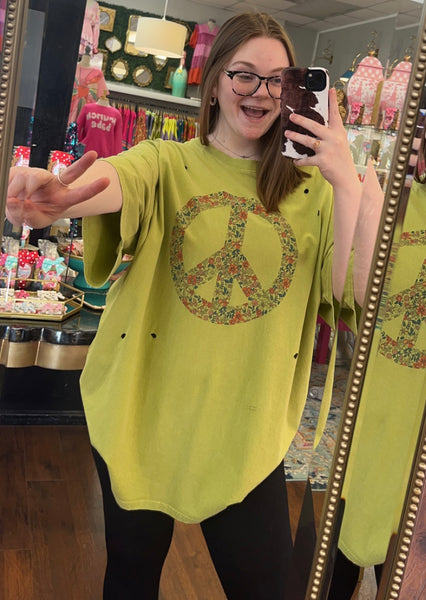 Lime Floral Peace Sign Top