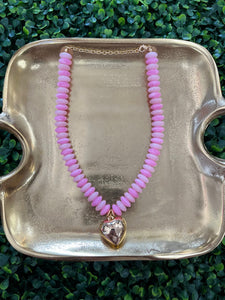 Pink Beaded Necklace With Heart Charm