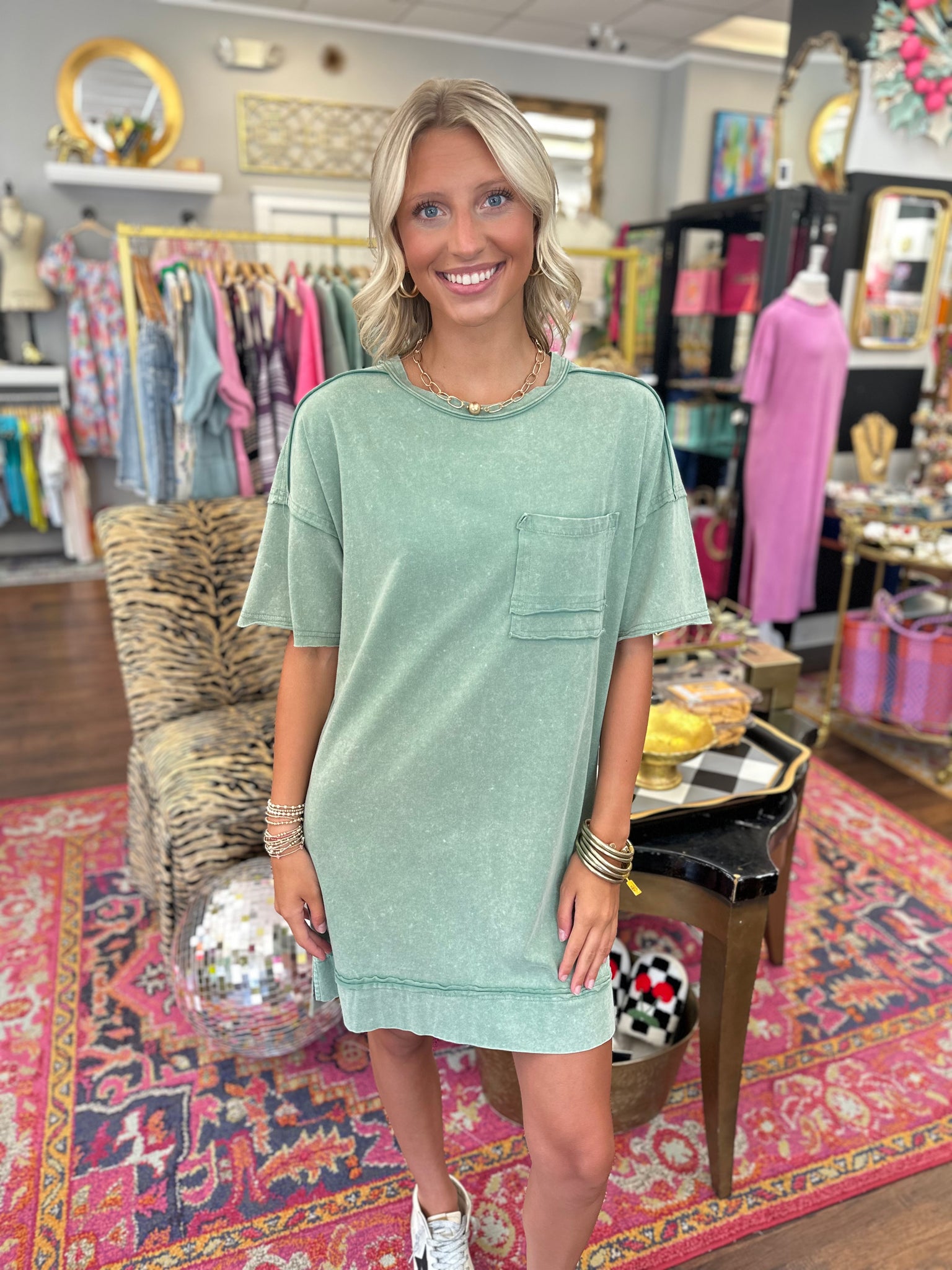 On The Move Tee Shirt Dress - Sage