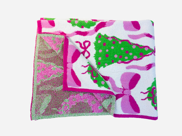 Pink & Green Bow Wreath Christmas Blanket