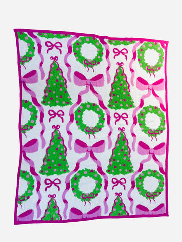 Pink & Green Bow Wreath Christmas Blanket