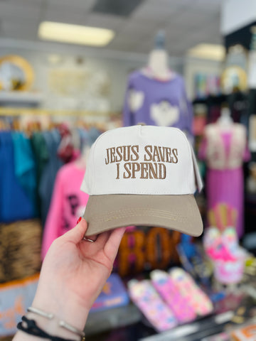 Jesus Saves I Spend Trucker Hat - Tan