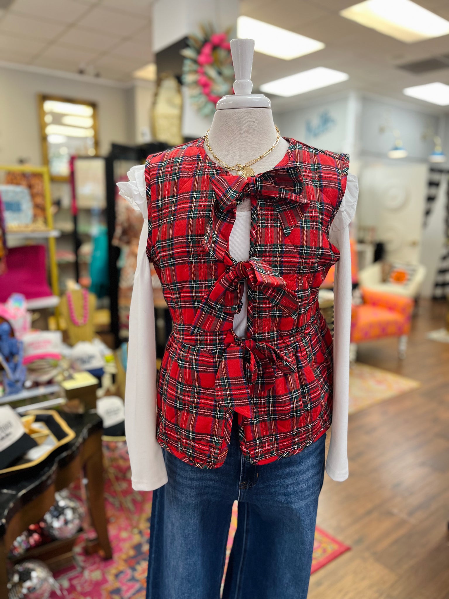 Holly Bells Quilted Vest - Red