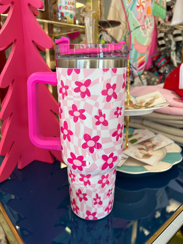 Pink Groovy Flower Checkered Tumbler