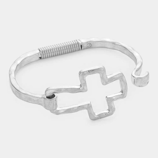 Hammered Cross Hook Bracelet - Silver