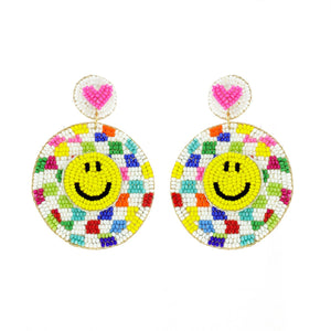 White Multi Color Checkered Smiley Face Earrings