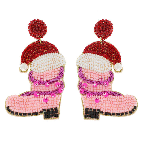 Christmas Boots With Lights Earrings - Pink