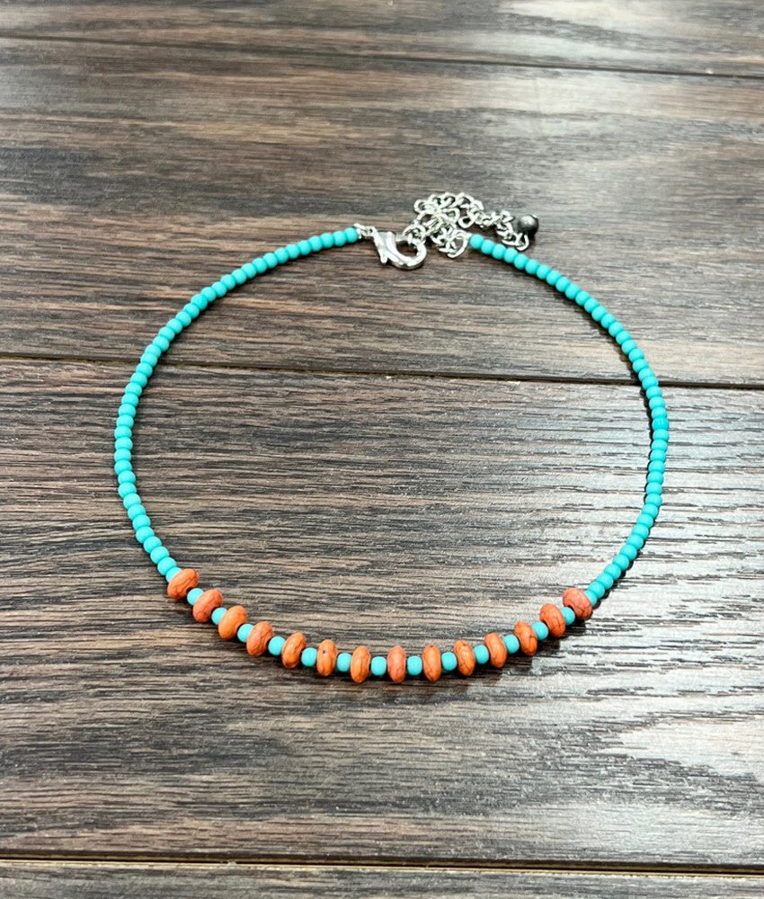 Turquoise & Orange Bead Necklace