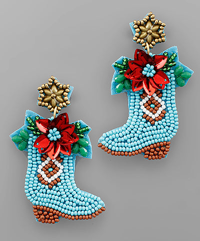 Christmas Boot & Poinsettia Earrings - Turquoise