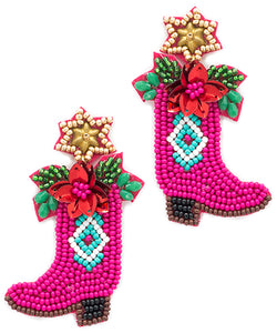 Christmas Boot & Poinsettia Earrings - Pink