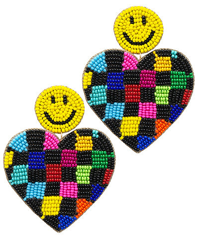 Checkered Heart Smiley Face Earrings - Black/Multi