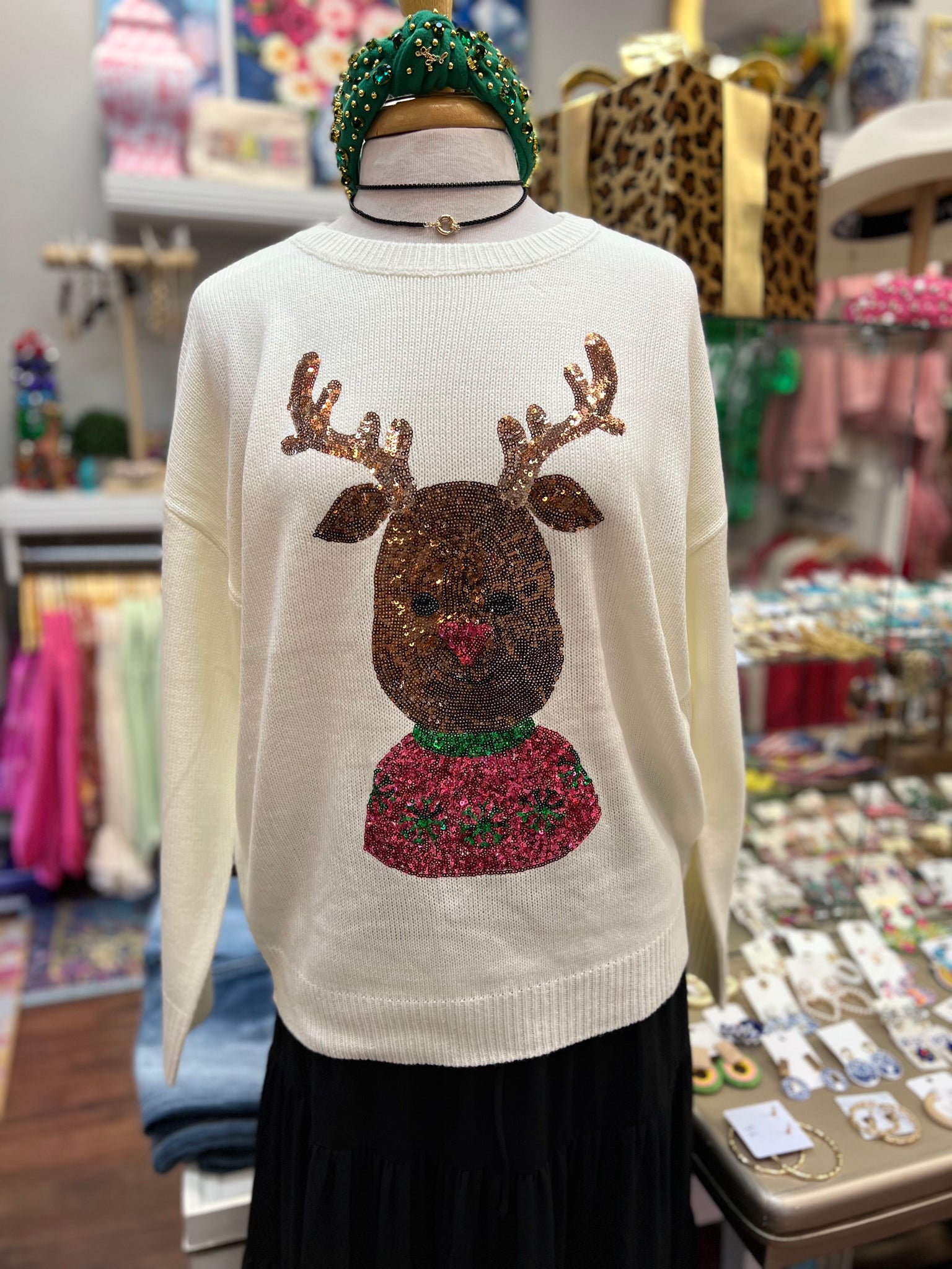 Sequin Reindeer Sweater - Ivory