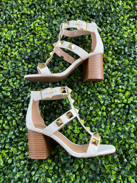 White Studded Block Heel Sandal